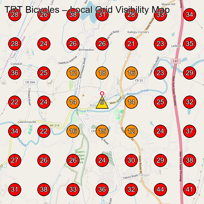 TRT Bicycles GeoGrid visibility map for General Contractor in Kingston